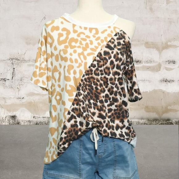 BiBi Tops - Bibi NEW Cream Animal Peep Shoulder Top